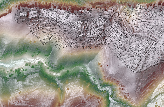 A computer analysis generated from lidar data reconstructs the outlines of a high-altitude medieval city in Central Asia. Black squiggly lines across the top area which appears to have the highest elevation in this image reveal structures and roads.